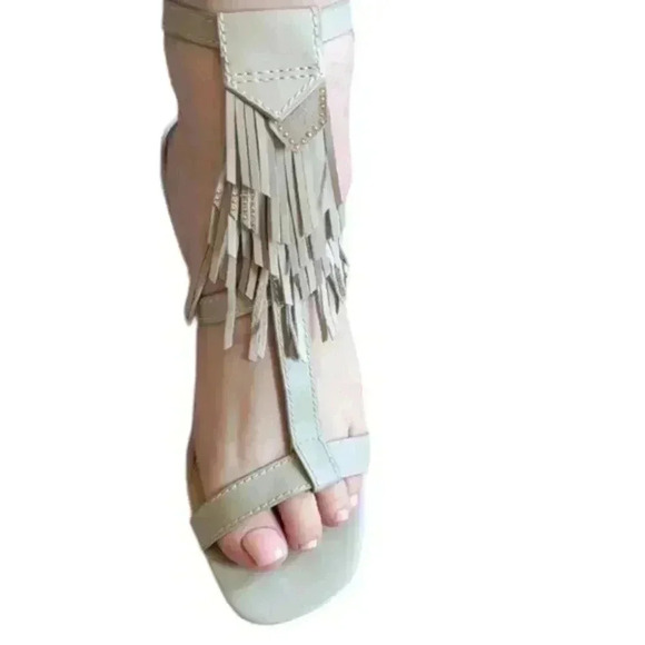 B Brian Atwood Megan Sandals  Nude Cream Leather Fringe Buckle Women's size 9 - Picture 3 of 9